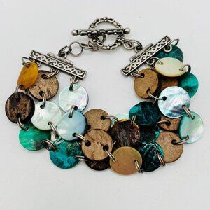 Boho Shell Disc Bracelet Multi Strand Brown Green Mother of Pearl Toggle